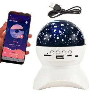 Bijeli LED RGB punjivi projektor zvučnik s projekcijama i Bluetooth vezom.