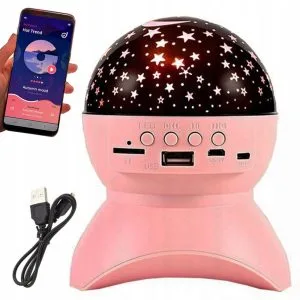Ružičasti dječji LED RGB projektor na baterije i Bluetooth zvučnik sa svjetlosnim projekcijama na zidu.