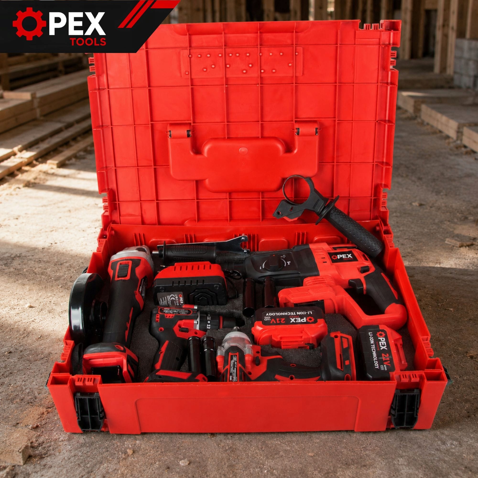 XXL komplet 4v1 21V aku. brezkrtačni vijačnik udarni ključ brusilnik vrtalnik 2x3Ah kovček 11 Four 21V cordless power tools in a carrying case