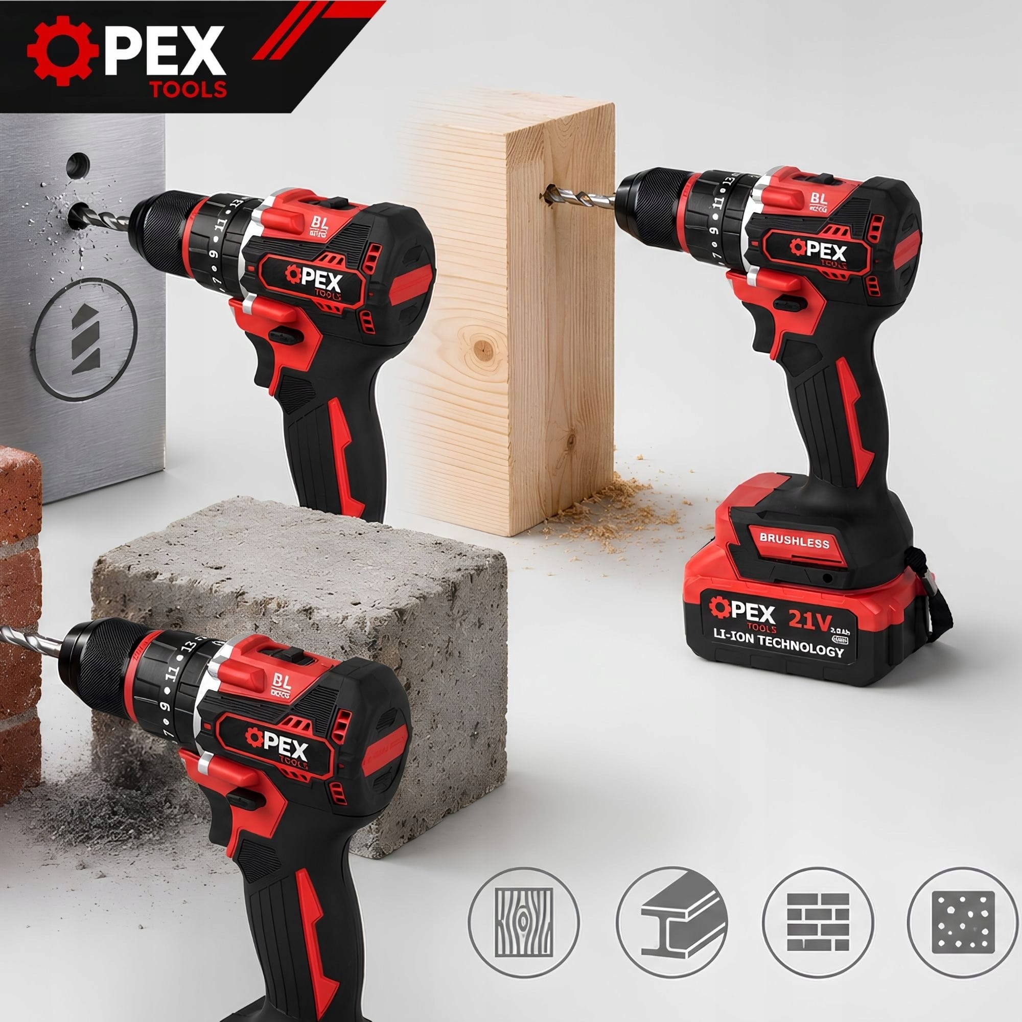 XXL komplet 4v1 21V aku. brezkrtačni vijačnik udarni ključ brusilnik vrtalnik 2x3Ah kovček 12 Cordless impact wrench, drill, grinder, screwdriver set in case