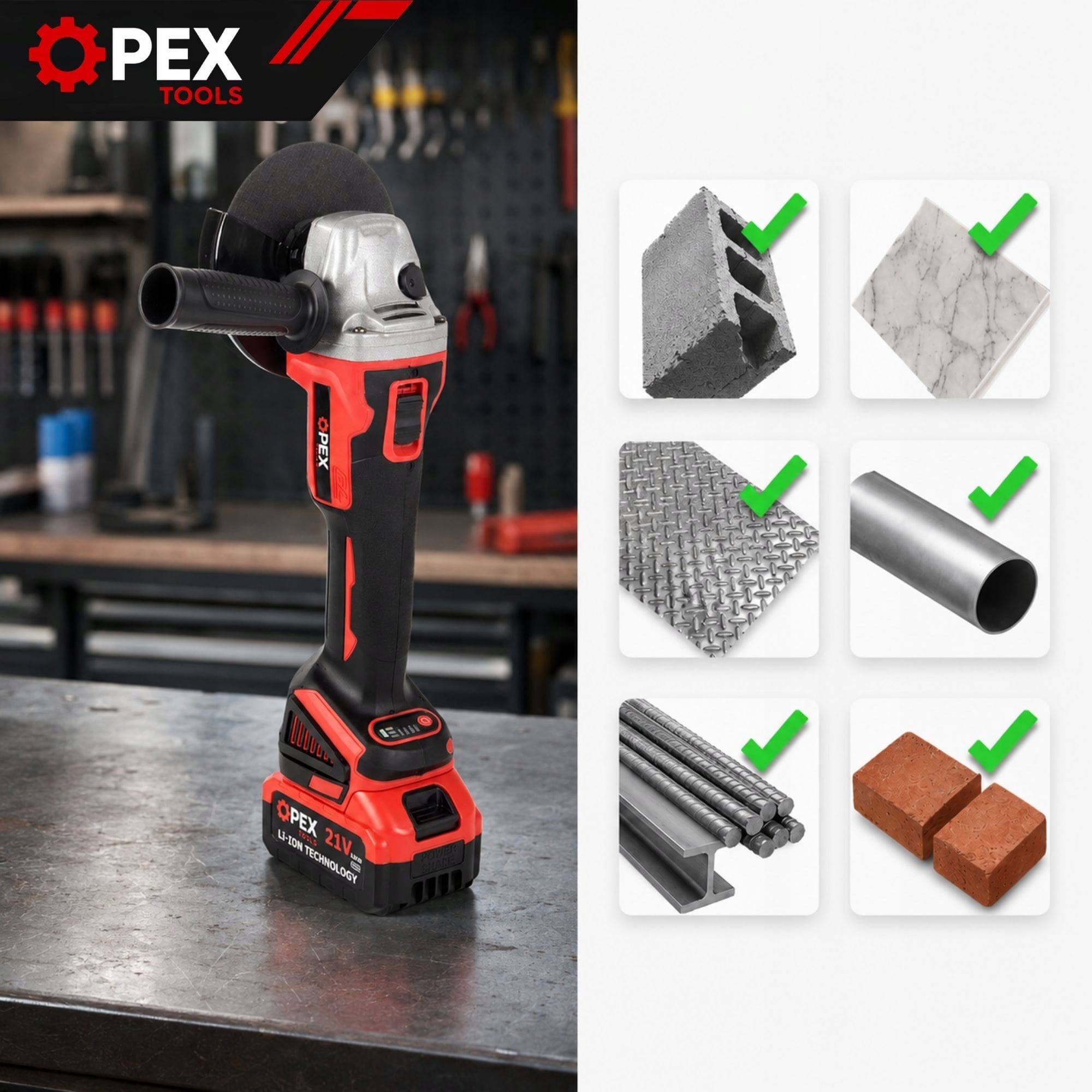 XXL komplet 4v1 21V aku. brezkrtačni vijačnik udarni ključ brusilnik vrtalnik 2x3Ah kovček 14 Cordless impact wrench, grinder, drill, screwdriver set in a case