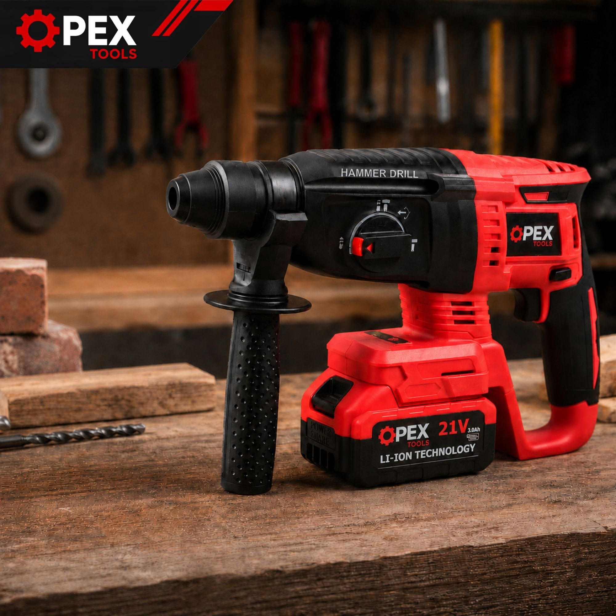 Komplet 2J 21V aku. brezkrtačni udarni vrtalnik 2x3Ah SDS plus kovček 4 Cordless hammer drill, two batteries, charger, and case