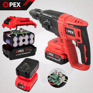 Komplet 2J 21V aku. brezkrtačni udarni vrtalnik 2x3Ah SDS plus kovček 25 2J 21V cordless brushless hammer drill, SDS plus case