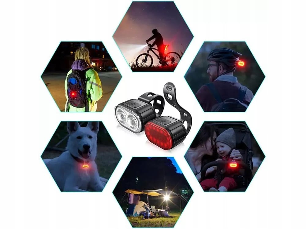 Set močnih aku. LED kolesarskih svetilk USB vodoodpornih črnih 7 Črni vodoodporni kolesarski svetilki LED s kabloma USB na beli podlagi