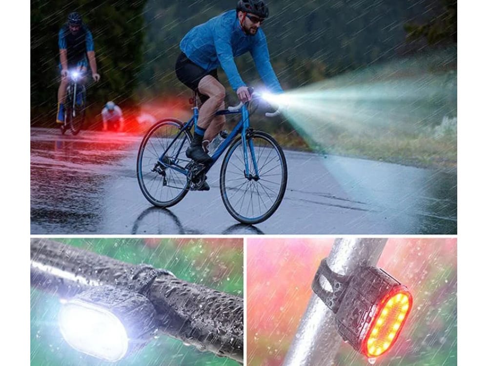 Set močnih aku. LED kolesarskih svetilk USB vodoodpornih črnih 2 Črna prednja in zadnja polnilna LED kolesarska svetilka na krmilu