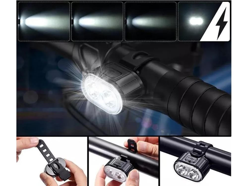 Set močnih aku. LED kolesarskih svetilk USB vodoodpornih črnih 3 Črna prednja in zadnja LED kolesarska svetilka s polnilnima kabloma