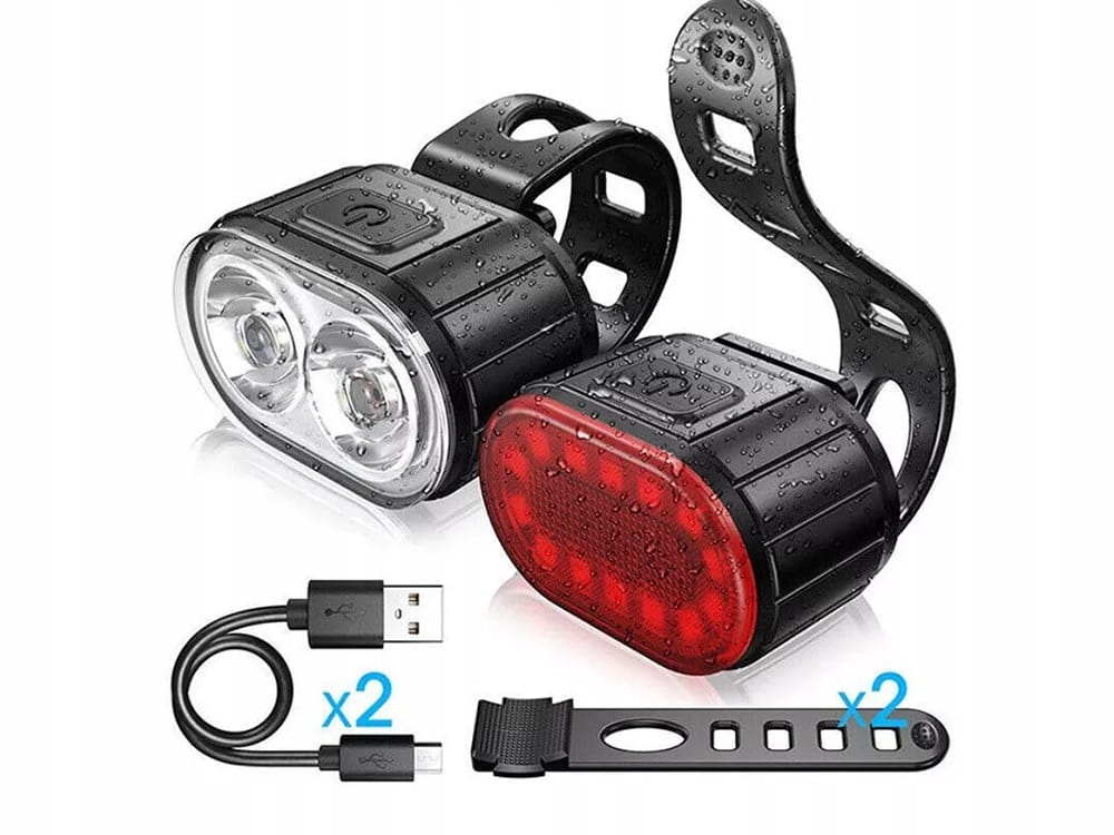 Set močnih aku. LED kolesarskih svetilk USB vodoodpornih črnih 6 Črni vodoodporni kolesarski LED svetilki s priloženima polnilnima USB kabloma