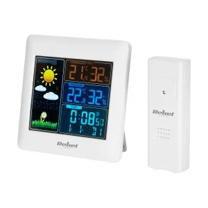 Bijela digitalna LCD meteorološka stanica u boji s vanjskim senzorom prikazuje vremenske podatke.