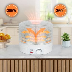 250W električni sušilnik sadja in gob do 70°C bel 13 Bel električni sušilnik sadja in zelenjave s petimi prozornimi pladnji