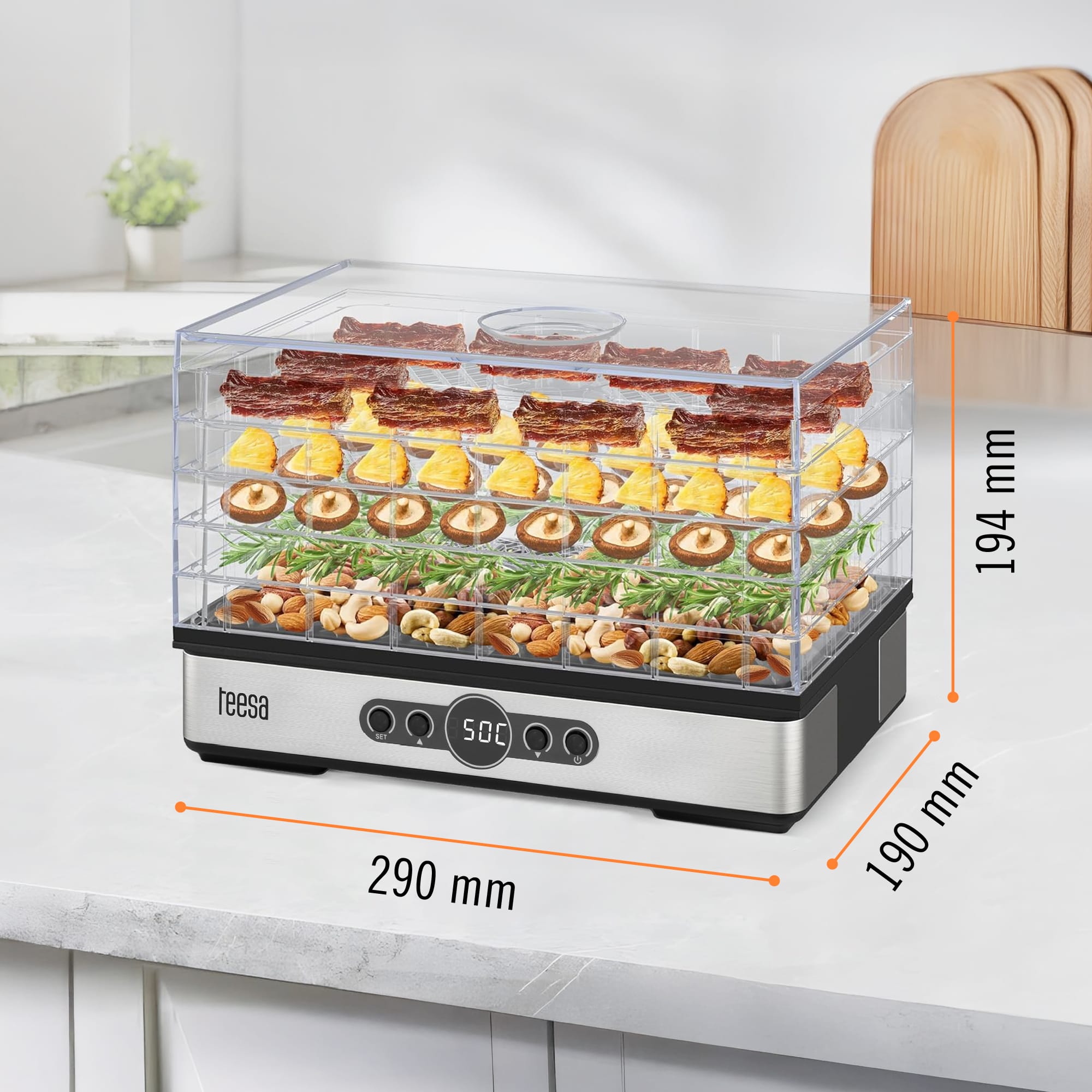 400W električni sušilnik sadja in gob do 70°C LCD 8 Električni sušilnik sadja in gob z LCD zaslonom in prozornimi pladnji
