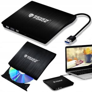 Črni prenosni zunanji pogon CD-DVD bralnik in zapisovalnik USB 3.0 DS202 ob prenosnem računalniku.