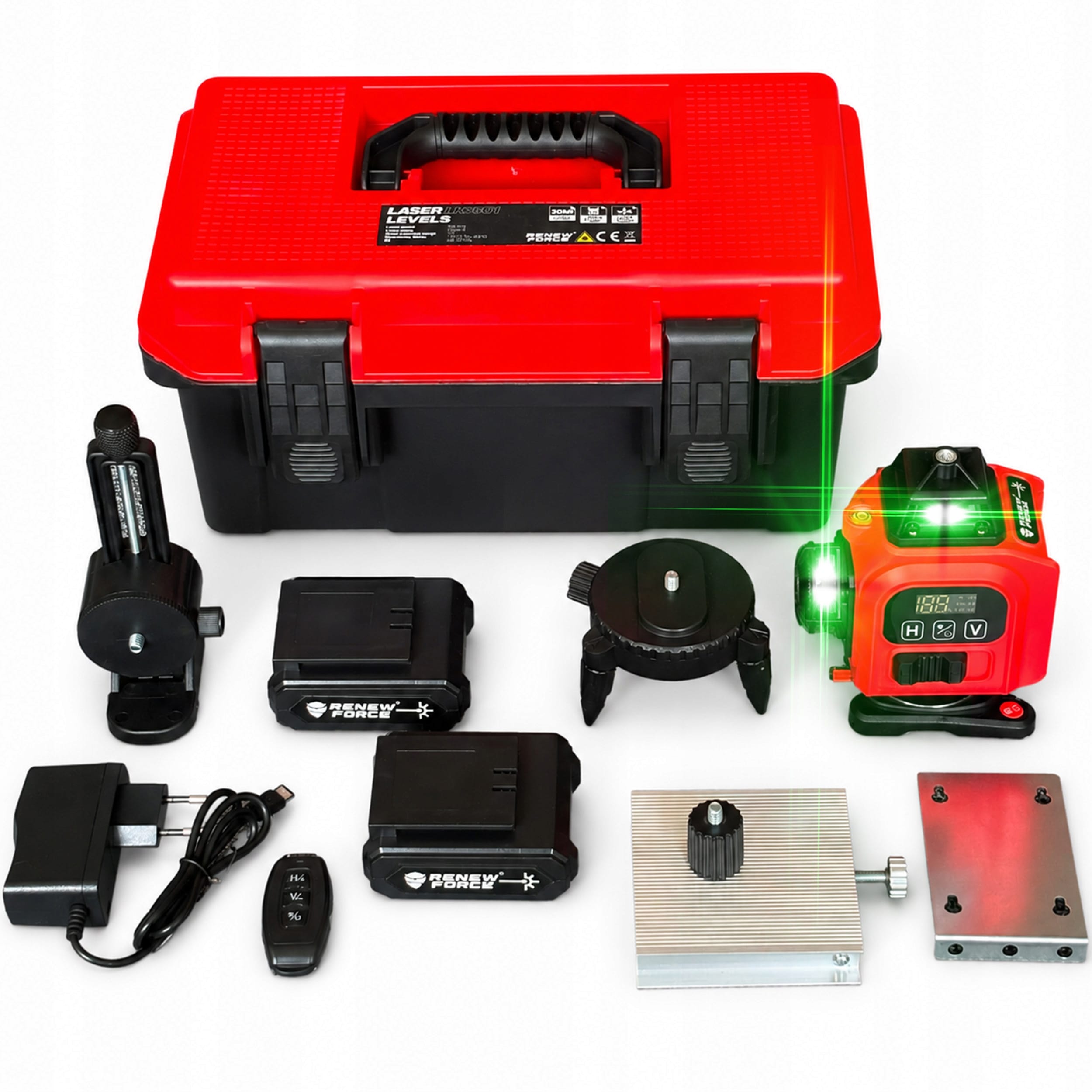 Komplet LCD aku. 16 linijski zeleni gradbeni laserski nivelir 2x 3000mAh LK-801 6 Zeleni 16-linijski laserski nivelir s priborom v črnem kovčku