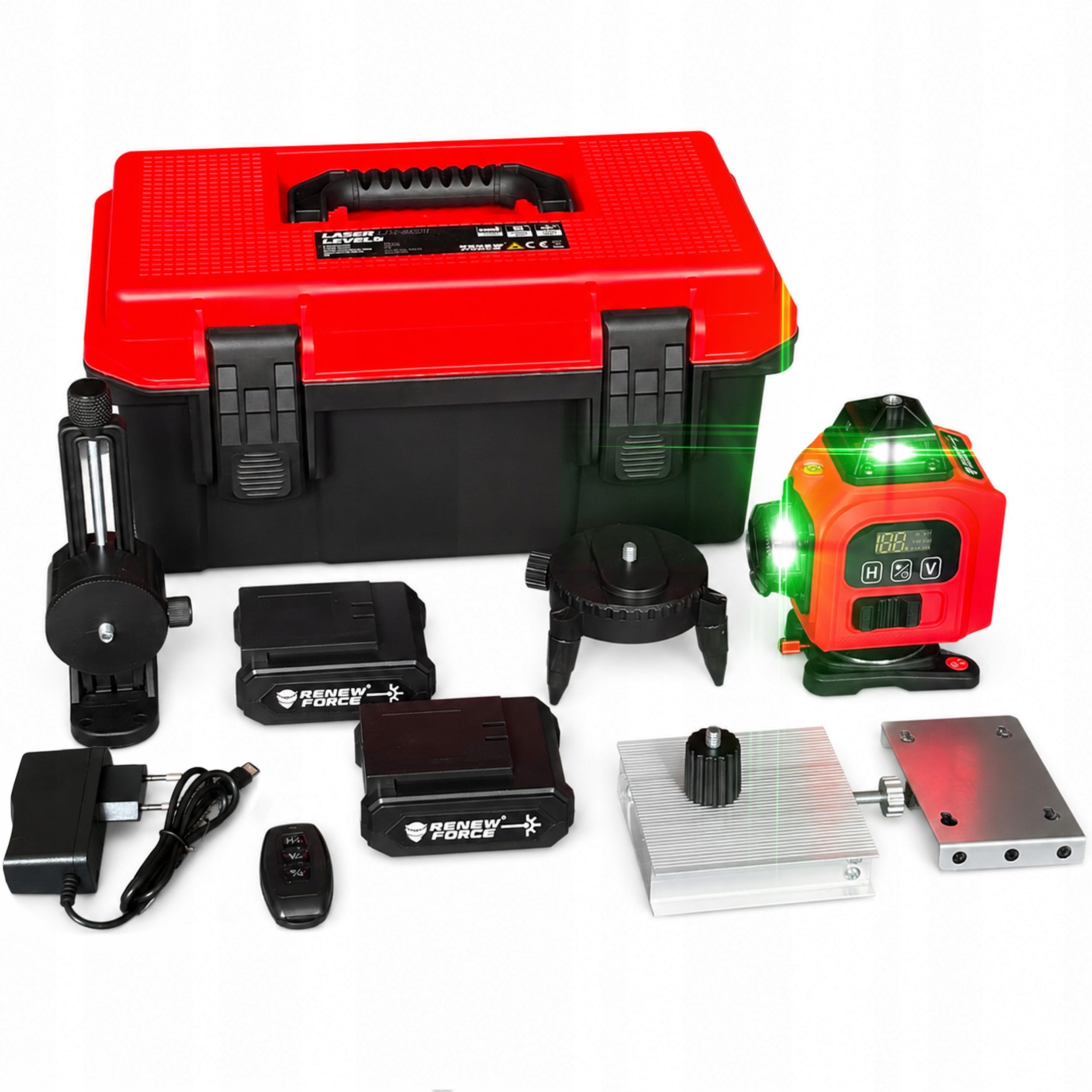 Komplet LCD aku. 16 linijski zeleni gradbeni laserski nivelir 2x 3000mAh LK-801 5 Zeleni 16-linijski laserski nivelir s priborom v črnem kovčku