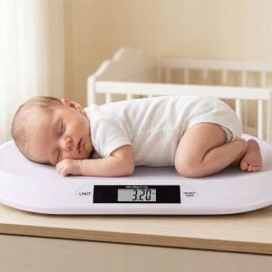 Digitalna elektronska LCD tehtnica za dojenčke do 20 kg bela 11 Bela digitalna elektronska LCD tehtnica za dojenčke na svetlem ozadju