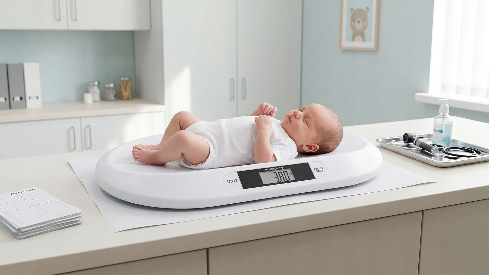 Digitalna elektronska LCD tehtnica za dojenčke do 20 kg bela 2 Bela digitalna elektronska LCD tehtnica za dojenčke na svetlem ozadju